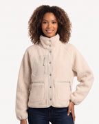 Women's sherpa fleece jacket, cream, snap front with stand collar and zip pockets