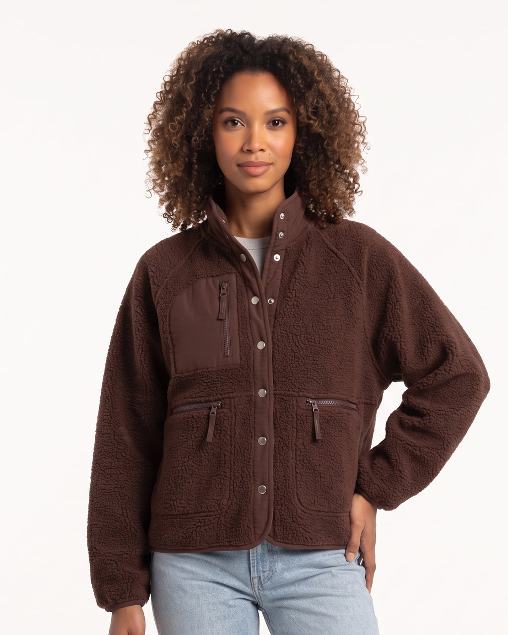 Women's sherpa fleece jacket, dark brown, snap front with stand collar and zip pockets