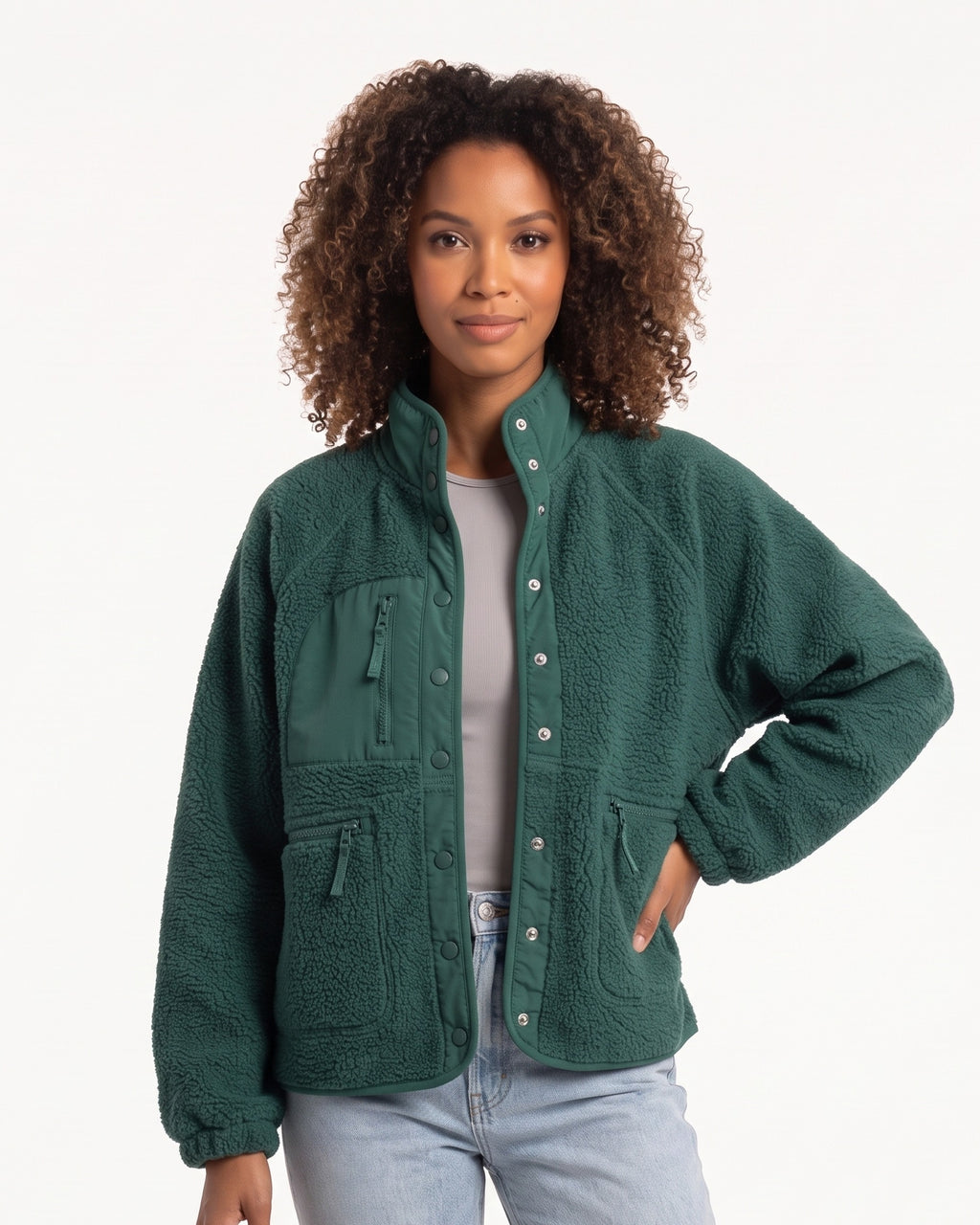 Women's sherpa fleece jacket, dark green, snap front with stand collar and zip pockets