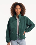 Women's sherpa fleece jacket, dark green, snap front with stand collar and zip pockets