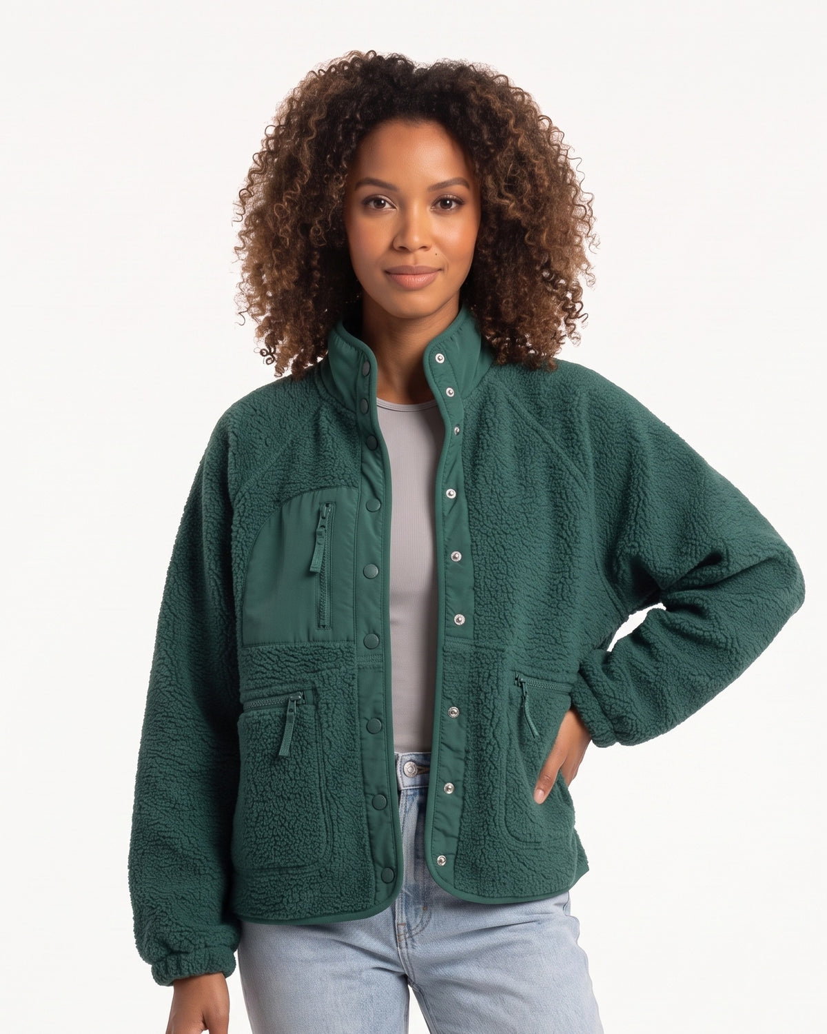 Women's sherpa fleece jacket, dark green, snap front with stand collar and zip pockets
