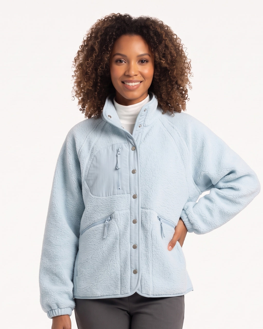 Women's sherpa fleece jacket, light blue, snap front with stand collar and zip pockets