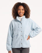 Women's sherpa fleece jacket, light blue, snap front with stand collar and zip pockets