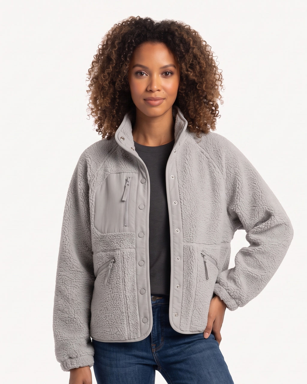 Women's sherpa fleece jacket, light gray, snap front with stand collar and zip pockets