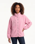 Women's sherpa fleece jacket, pink, snap front with stand collar and zip pockets
