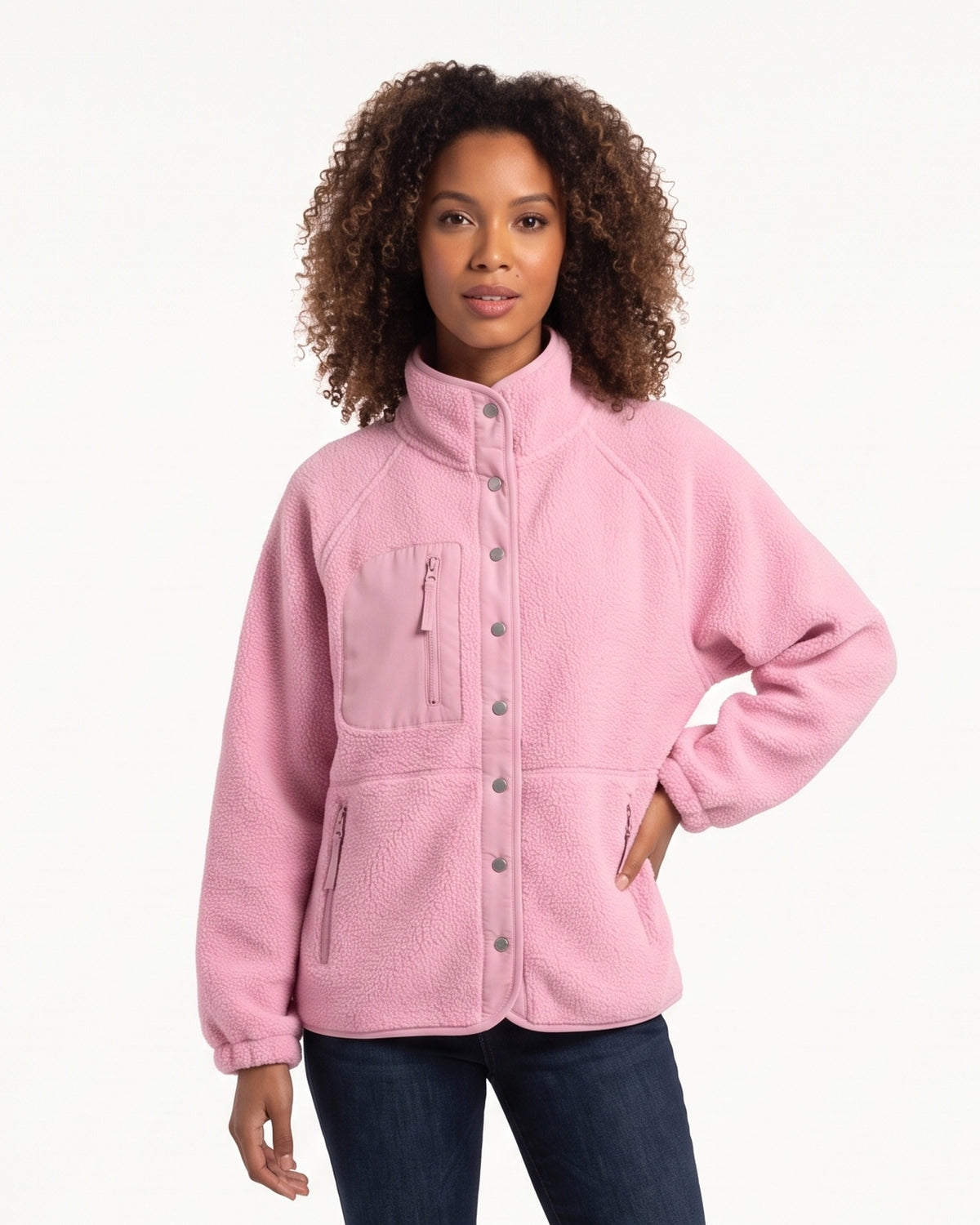 Women's sherpa fleece jacket, pink, snap front with stand collar and zip pockets