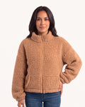 Women's camel sherpa jacket with a stand collar, full zip, and front pockets