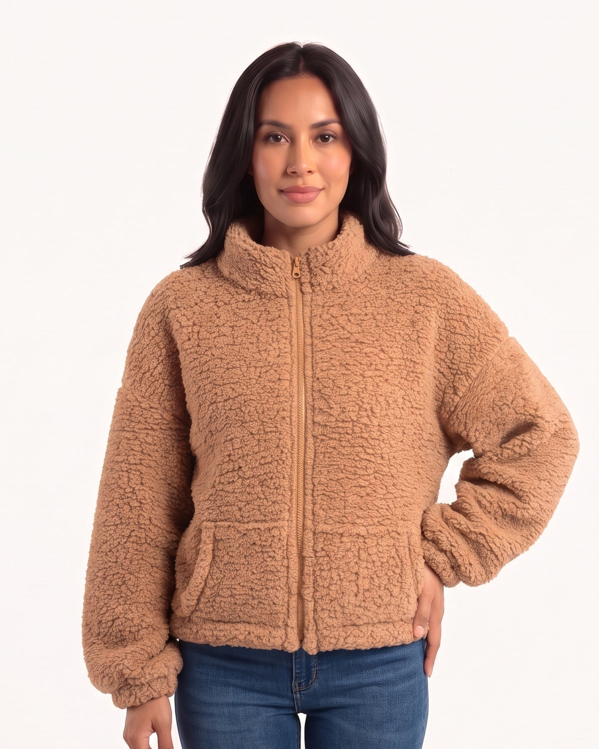 Women's camel sherpa jacket with a stand collar, full zip, and front pockets