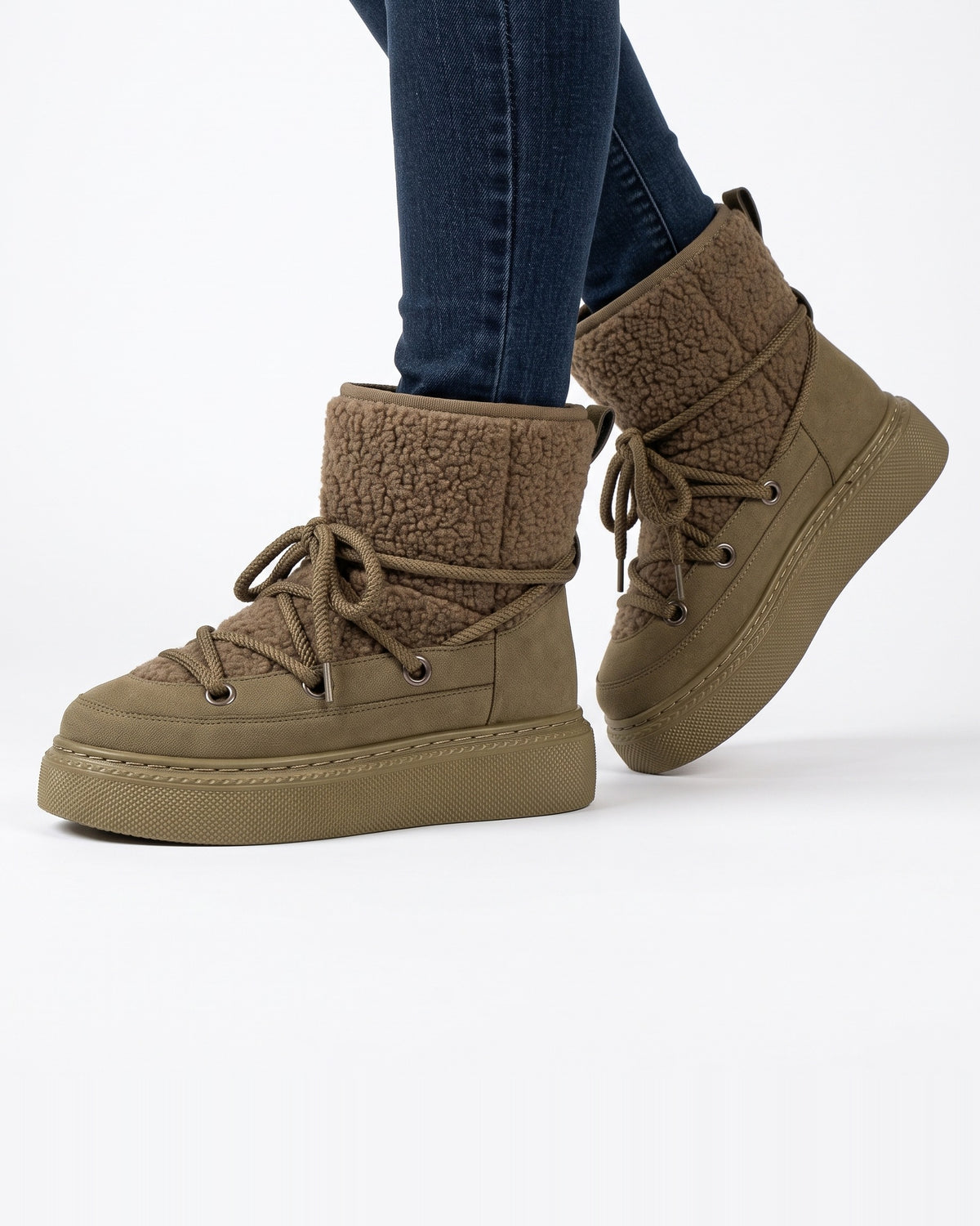Olive lace-up platform ankle snow boots with sherpa-lined cuff and faux suede wrap laces
