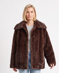 Brown short faux fur coat with wide spread collar and button-front jacket