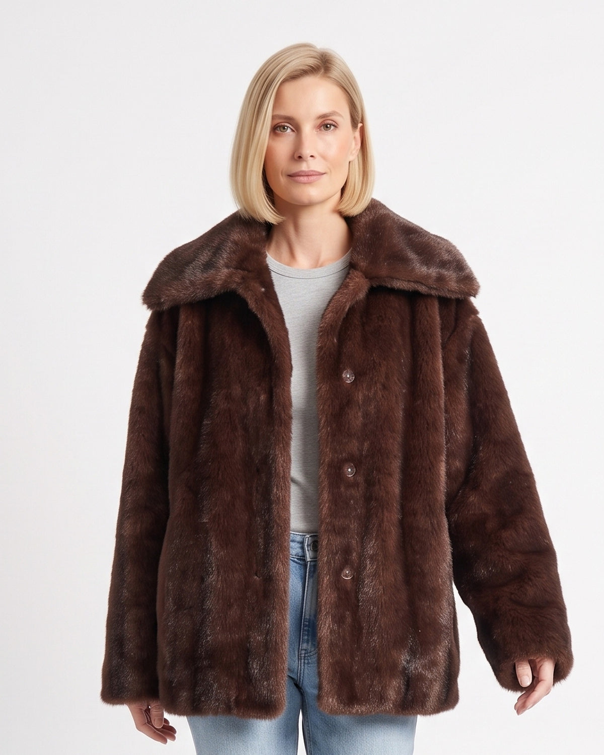 Brown short faux fur coat with wide spread collar and button-front jacket