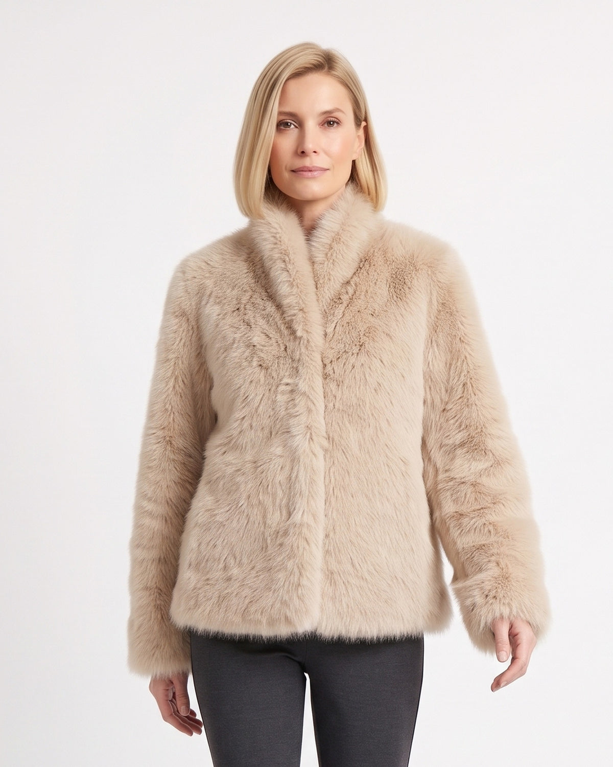 Beige short faux fur jacket with high stand collar, zip-front, long sleeves