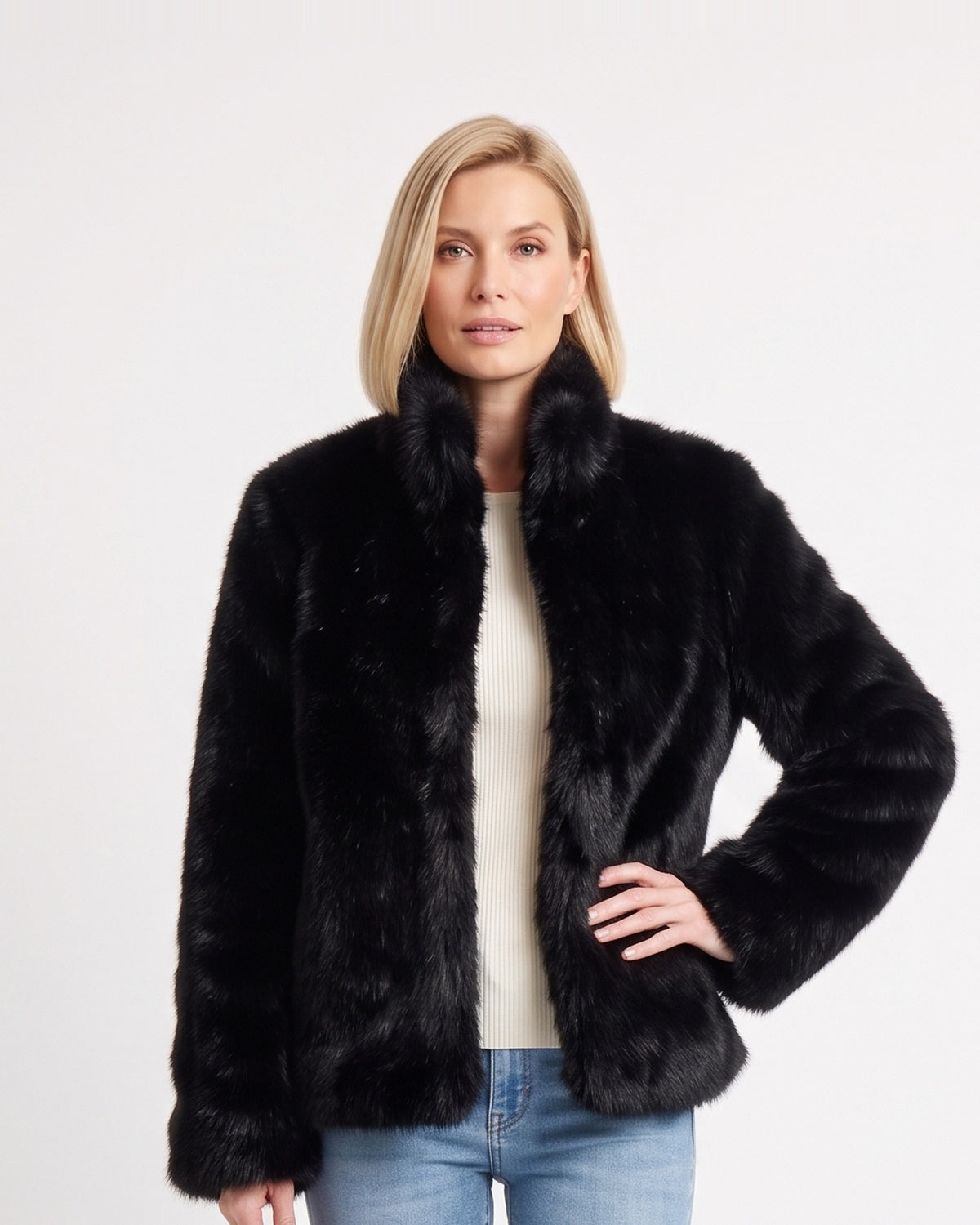 Black short faux fur jacket with high stand collar, long sleeves