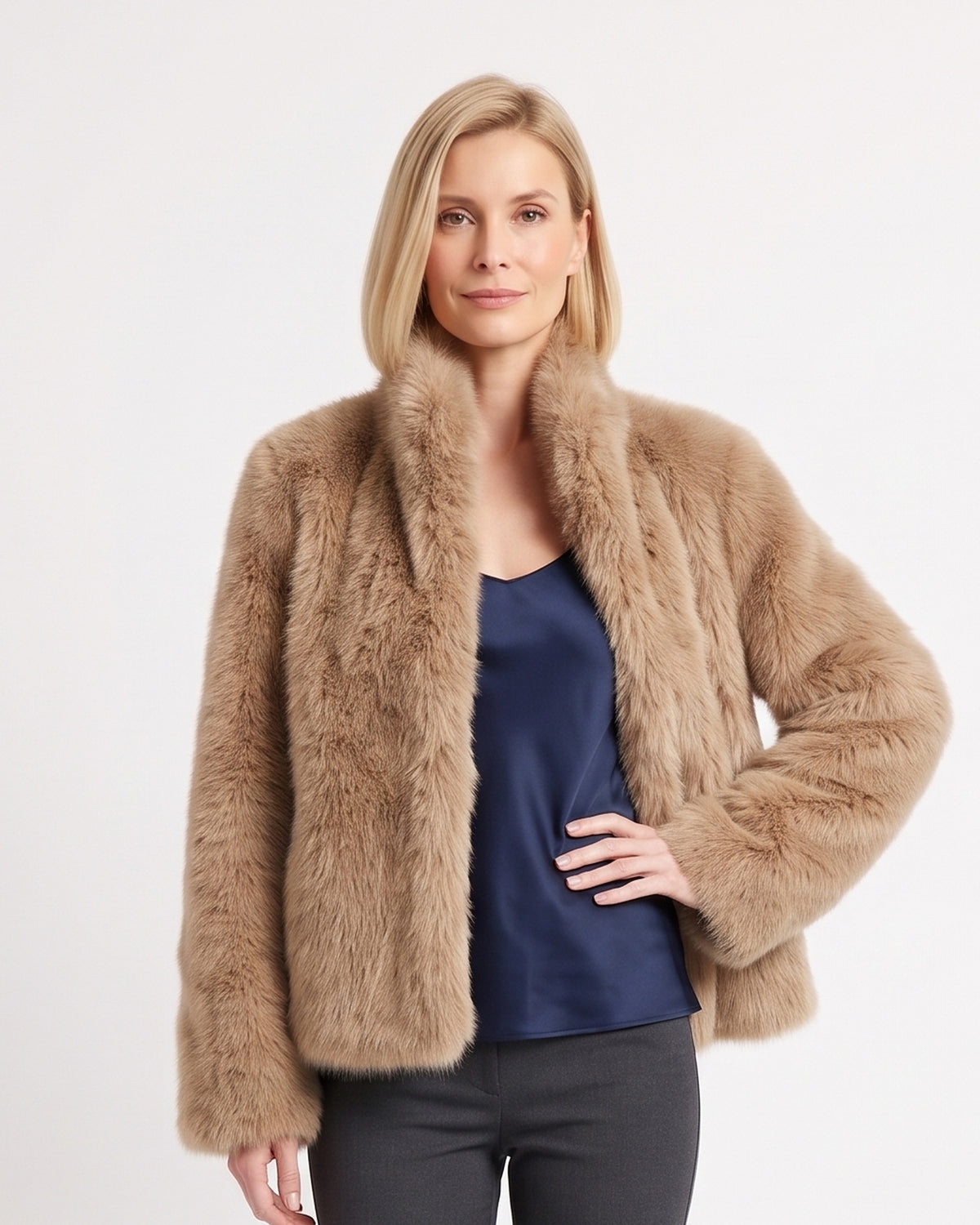 Camel short faux fur jacket with high stand collar and long sleeves
