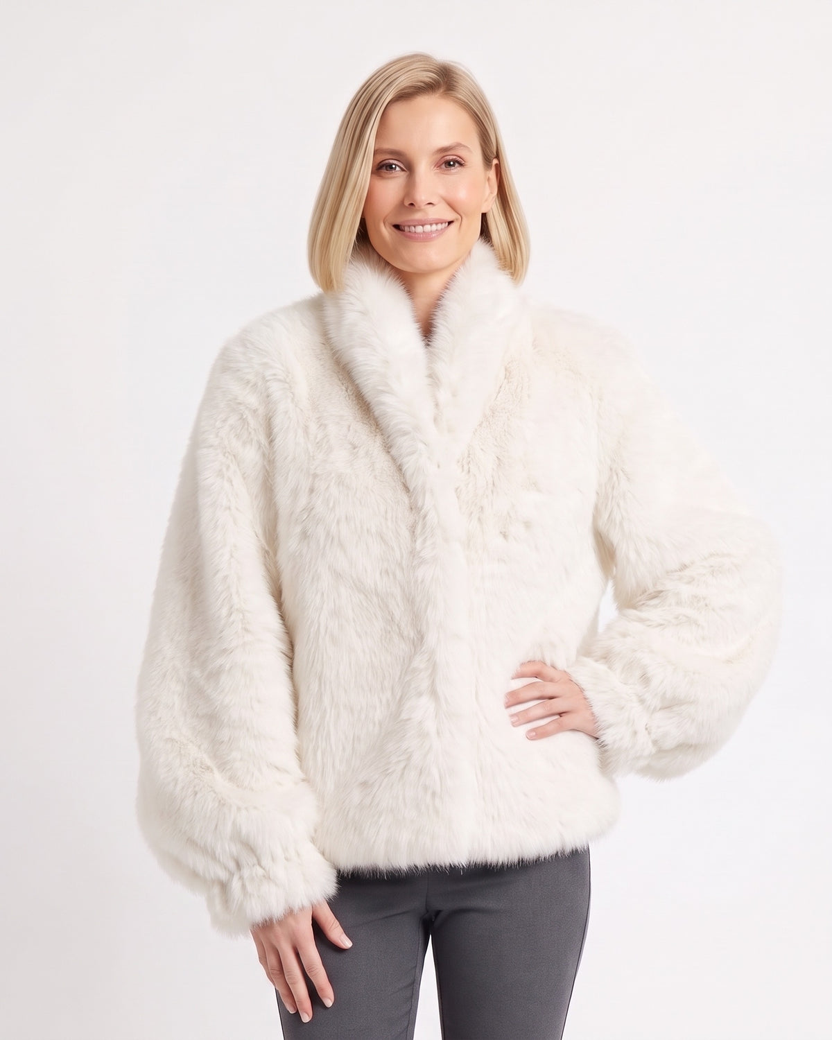 White short faux fur jacket with high stand collar and long sleeves
