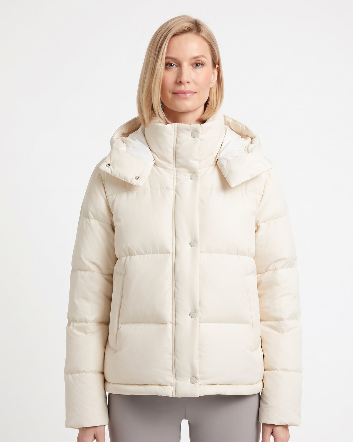 Cream cropped hooded puffer jacket with snap-front, quilted nylon and side pockets