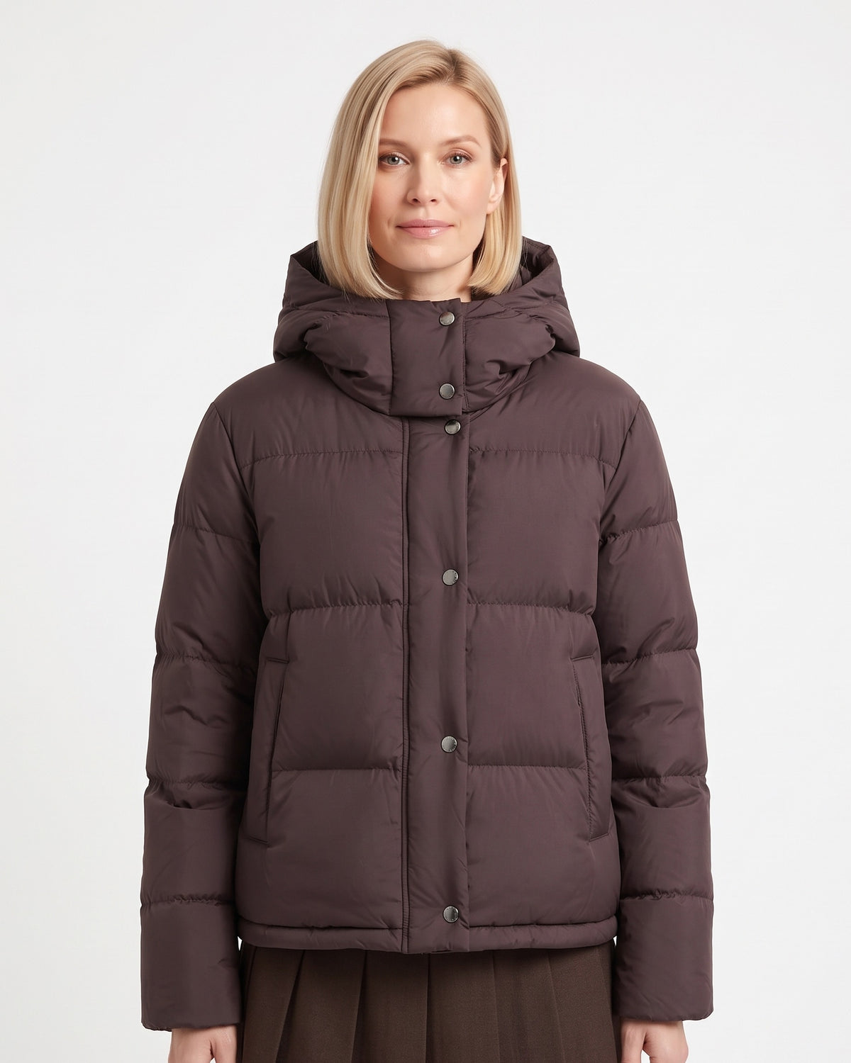 Dark brown cropped hooded puffer jacket, snap-front with quilted nylon panels