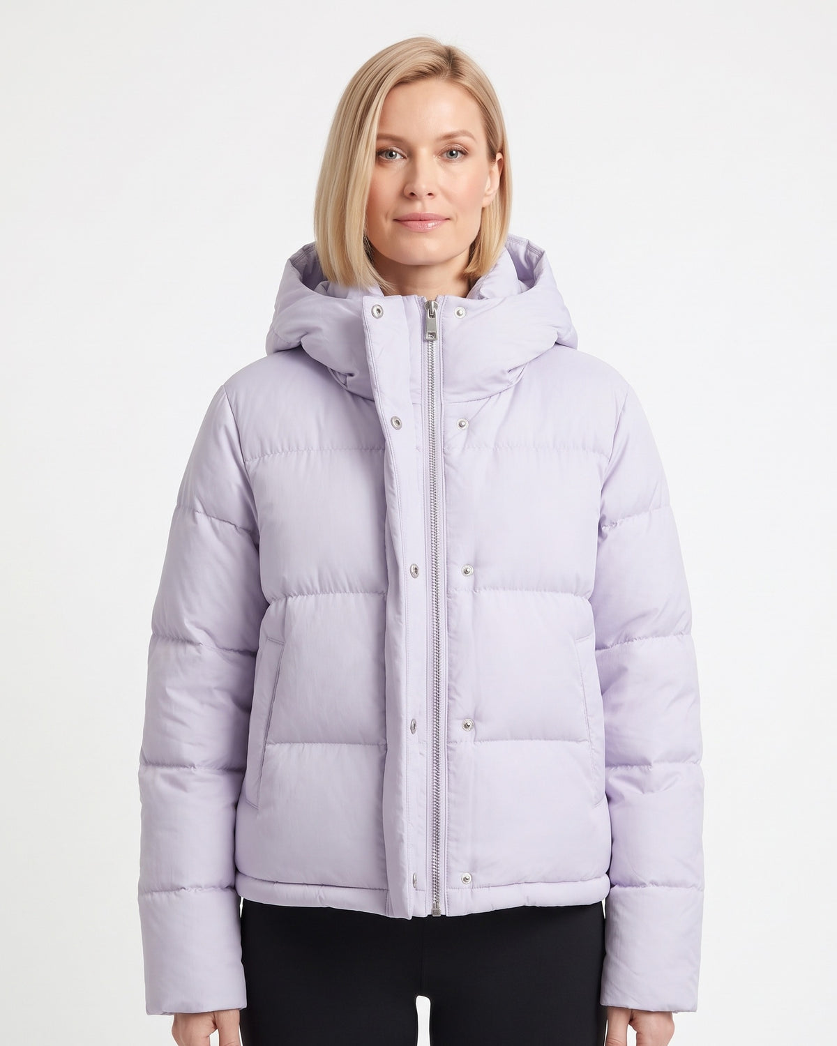 Light purple cropped hooded puffer jacket, snap-front and quilted nylon