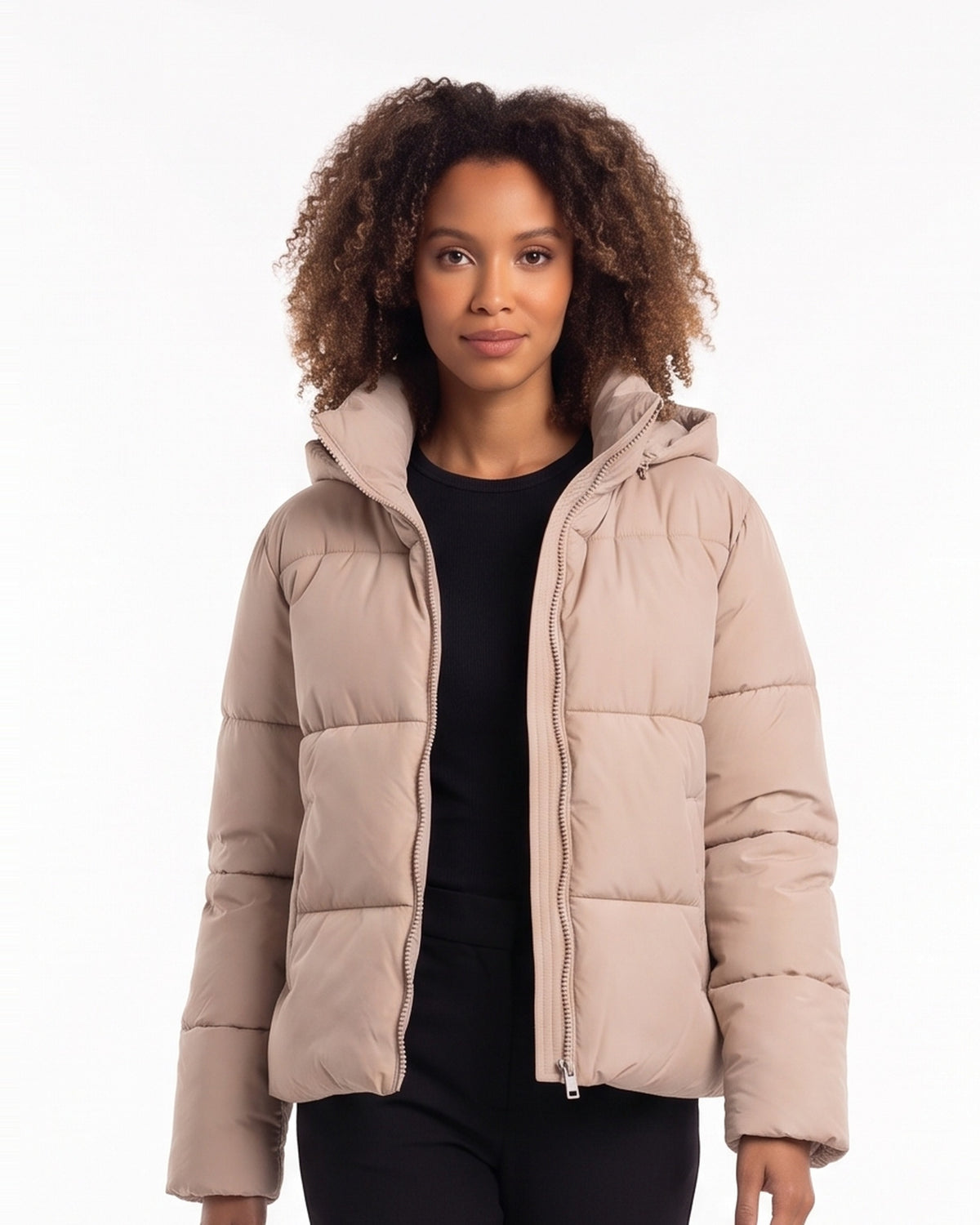 Taupe hooded puffer jacket with quilted panels and zip front