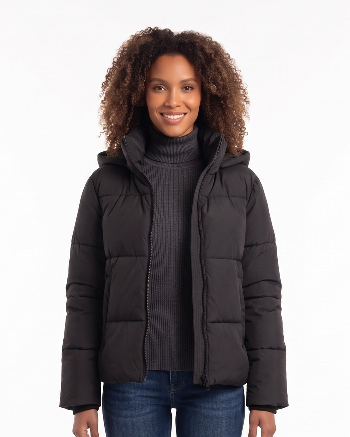 Black hooded puffer jacket with quilted panels and zip front