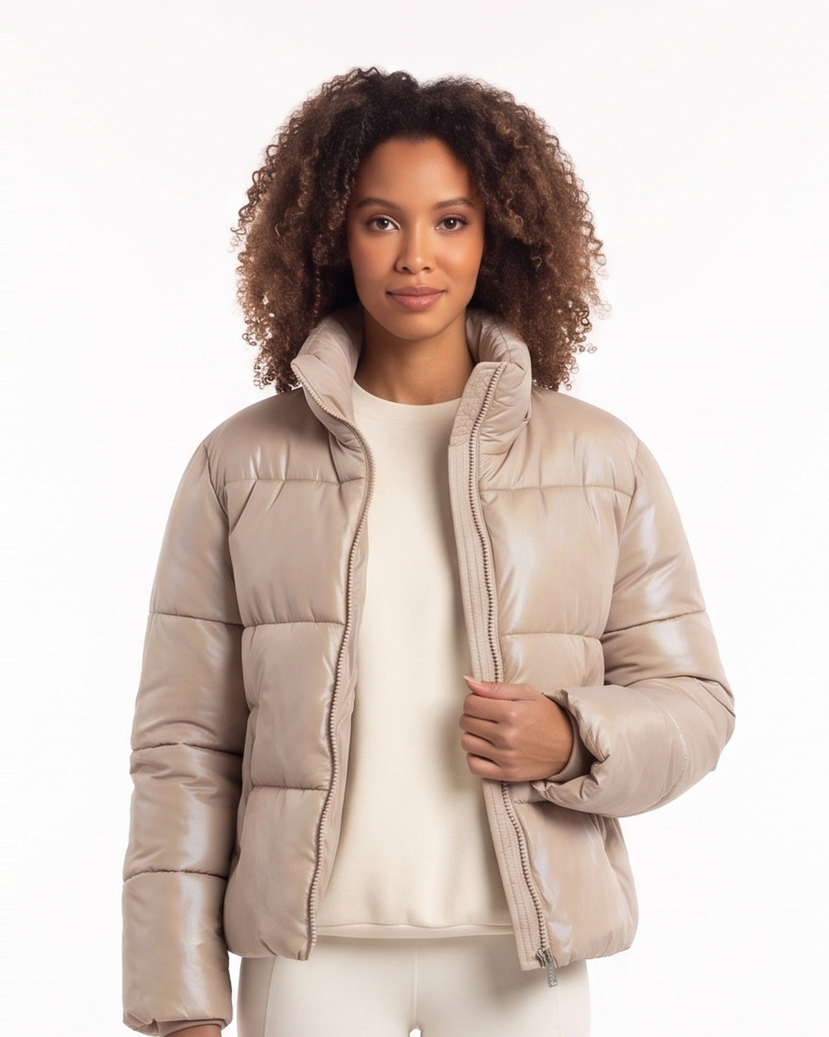 Light beige hooded puffer jacket with quilted panels and zip front