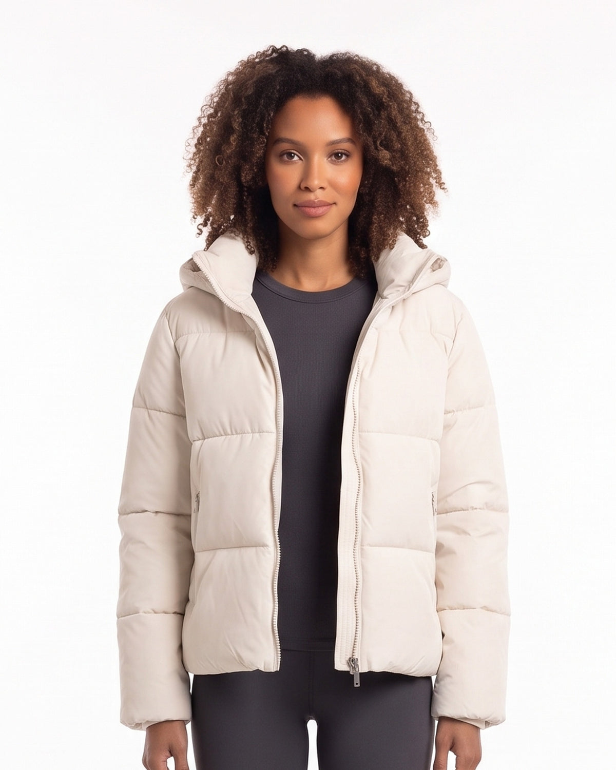 Cream off-white hooded puffer jacket with quilted panels and zip front