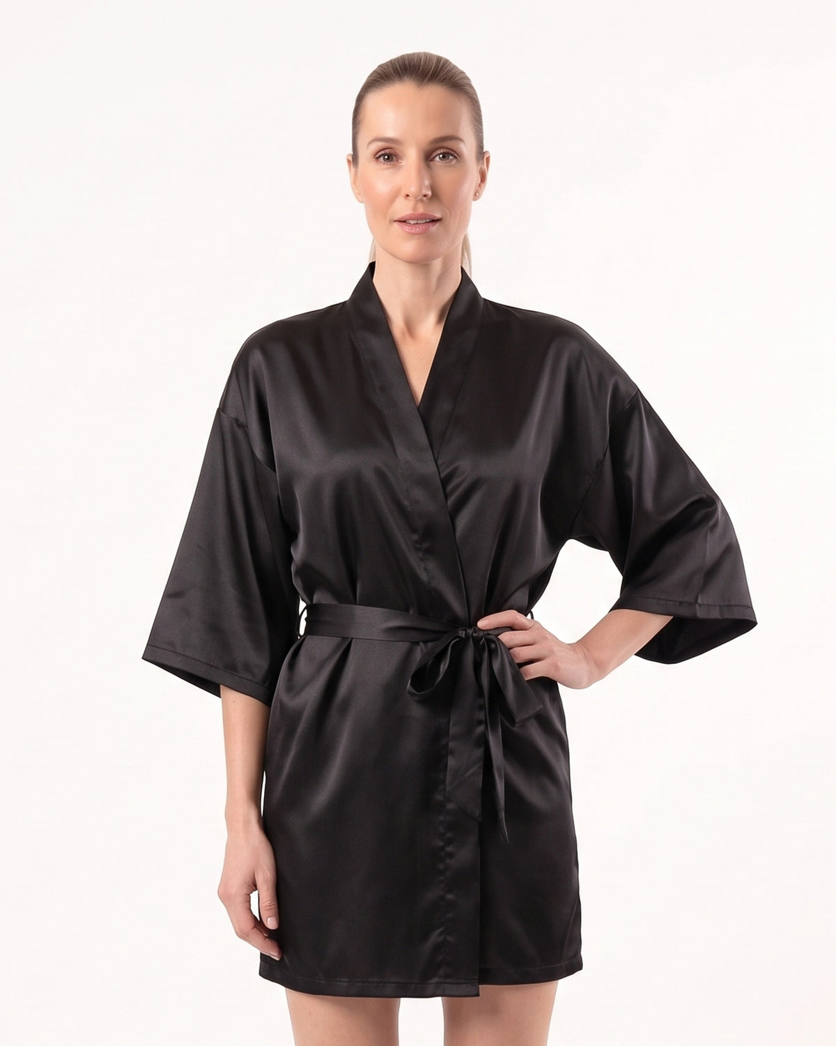 Black satin short kimono robe with V-neck, wide sleeves, and tie belt
