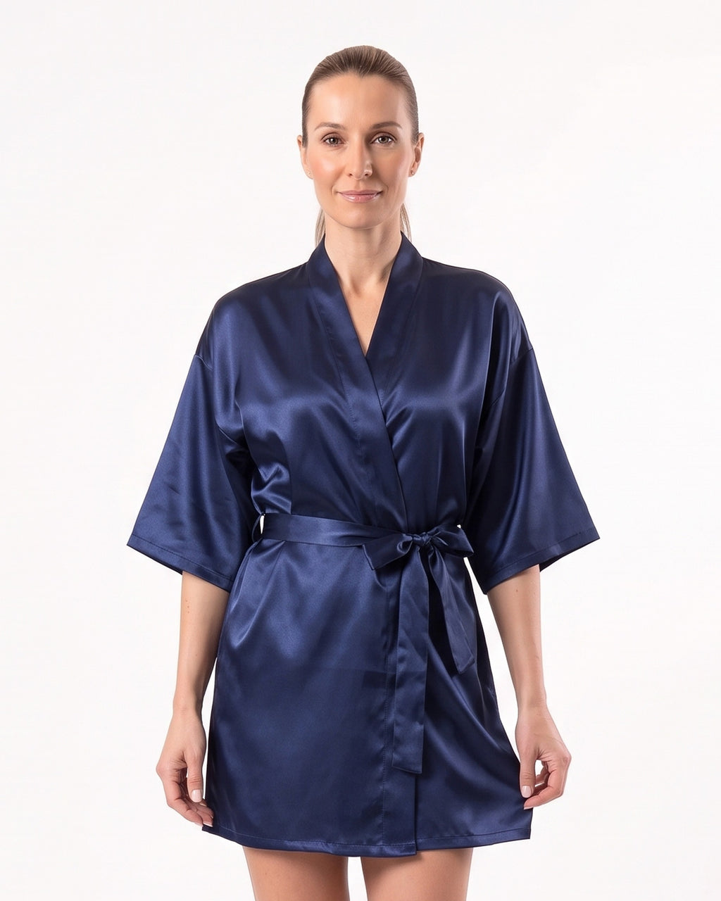 Navy blue satin short kimono robe with V-neck, wide sleeves, and tie belt