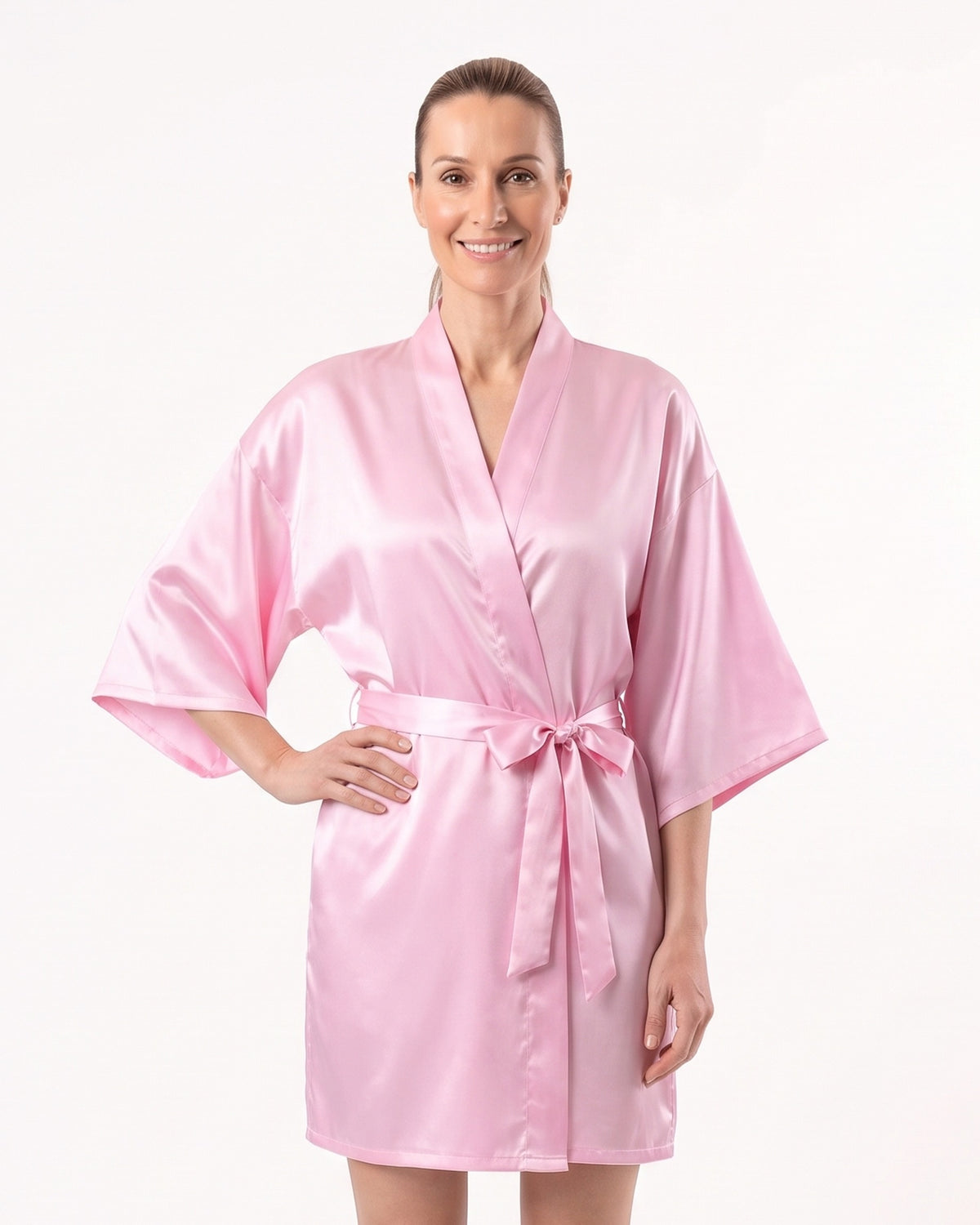 Pink satin short kimono robe with V-neck, wide sleeves, and tie belt