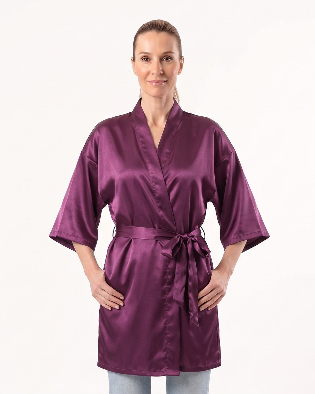 Purple satin short kimono robe with V-neck, wide sleeves, and tie belt