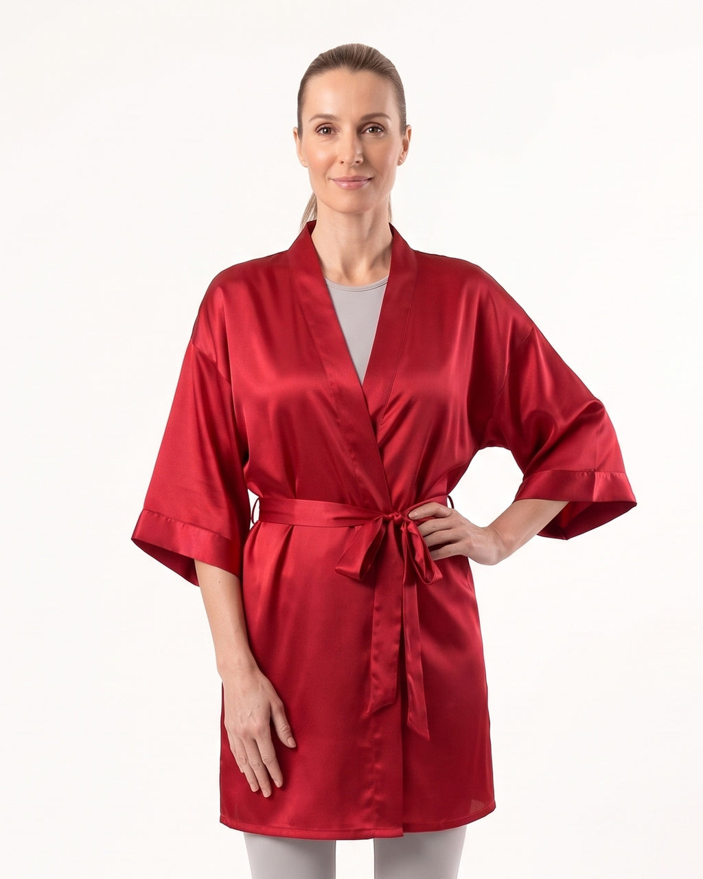 Red satin short kimono robe with V-neck, wide sleeves, and tie belt