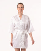 White satin short kimono robe with V-neck, wide sleeves, and tie belt