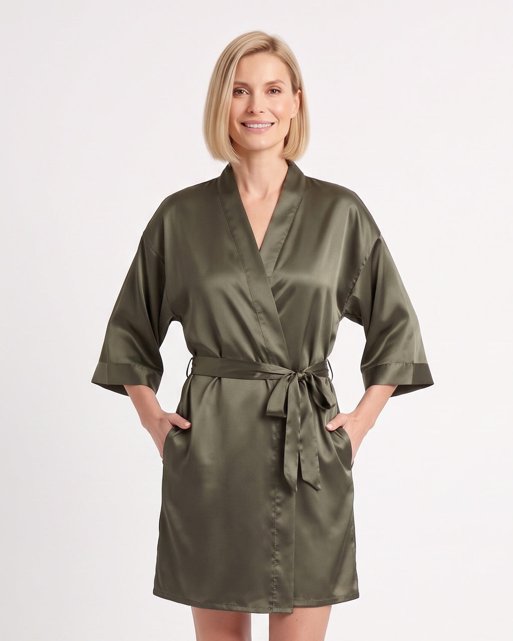 Short olive green satin robe with wide sleeves, tie belt, and side pockets