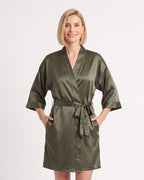 Short olive green satin robe with wide sleeves, tie belt, and side pockets