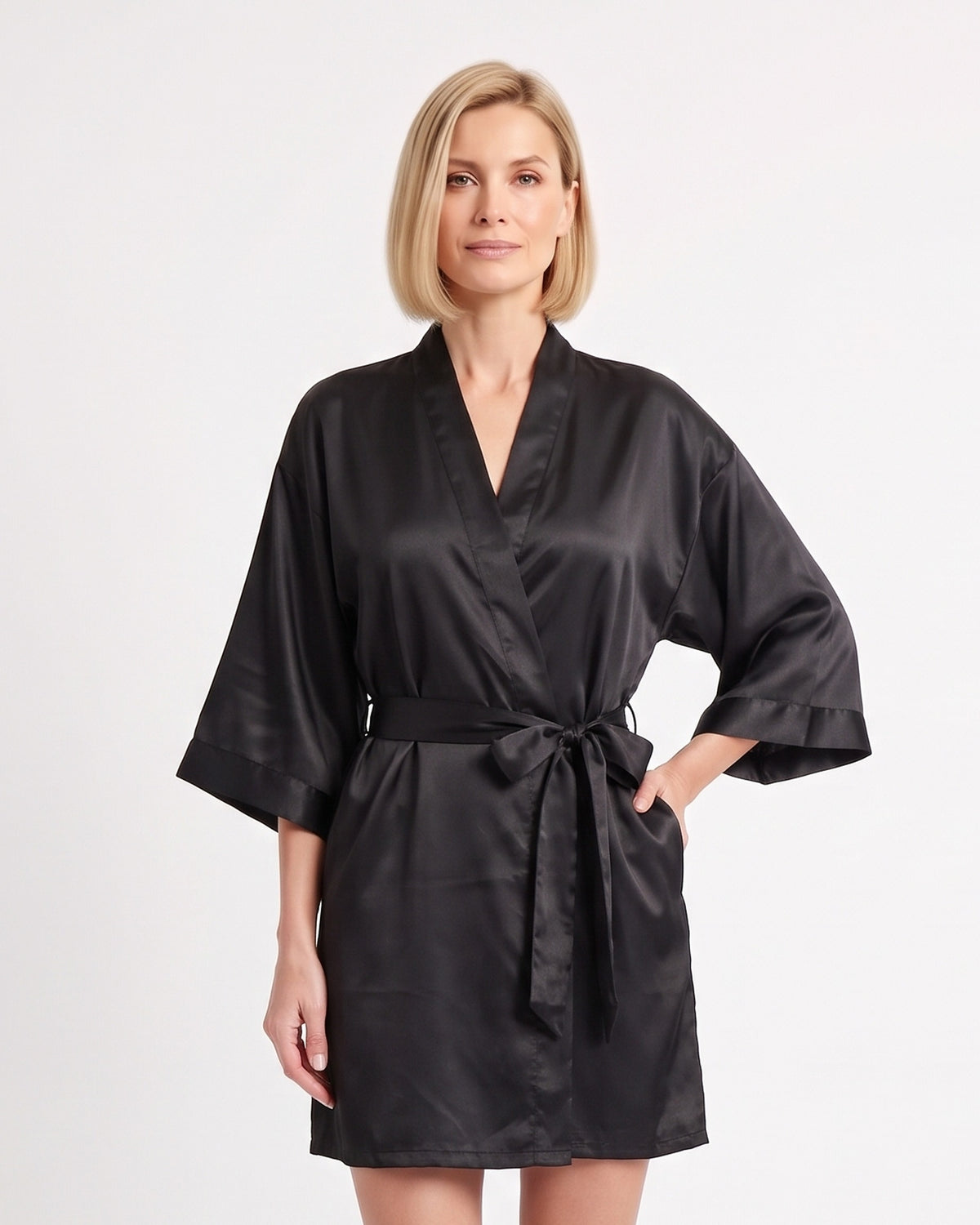 Short black satin robe with wide sleeves, tie belt, and side pockets