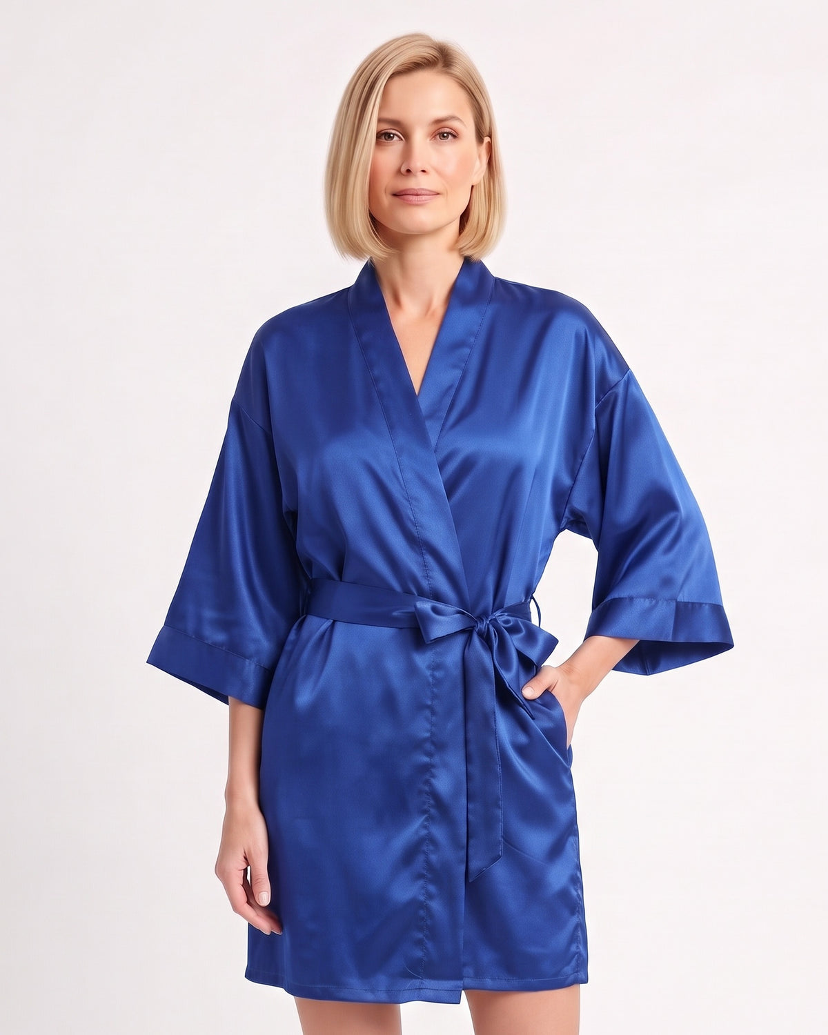Short blue satin robe with kimono sleeves, tie belt, and side pocket