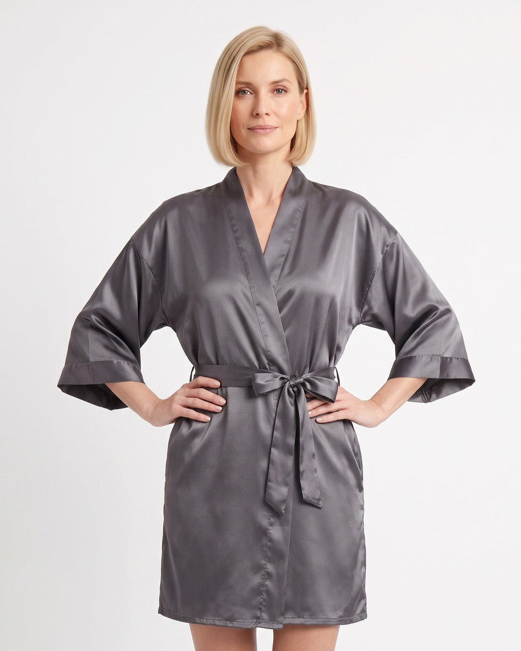 Dark gray satin robe with kimono sleeves and tie belt