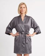 Dark gray satin robe with kimono sleeves and tie belt