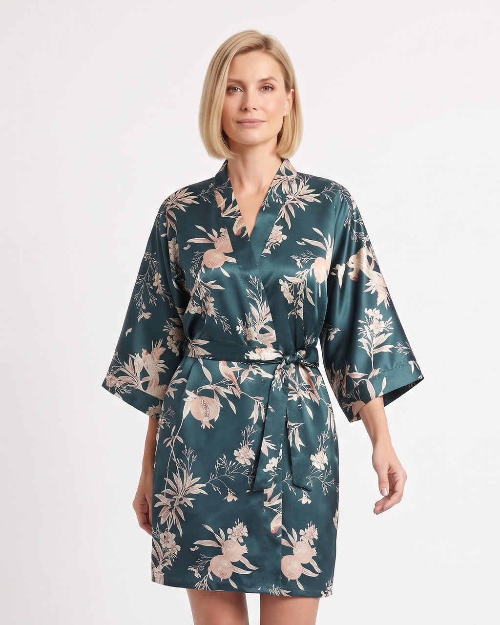 Dark teal satin robe with a pale floral print and tie belt