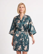 Dark teal satin robe with a pale floral print and tie belt