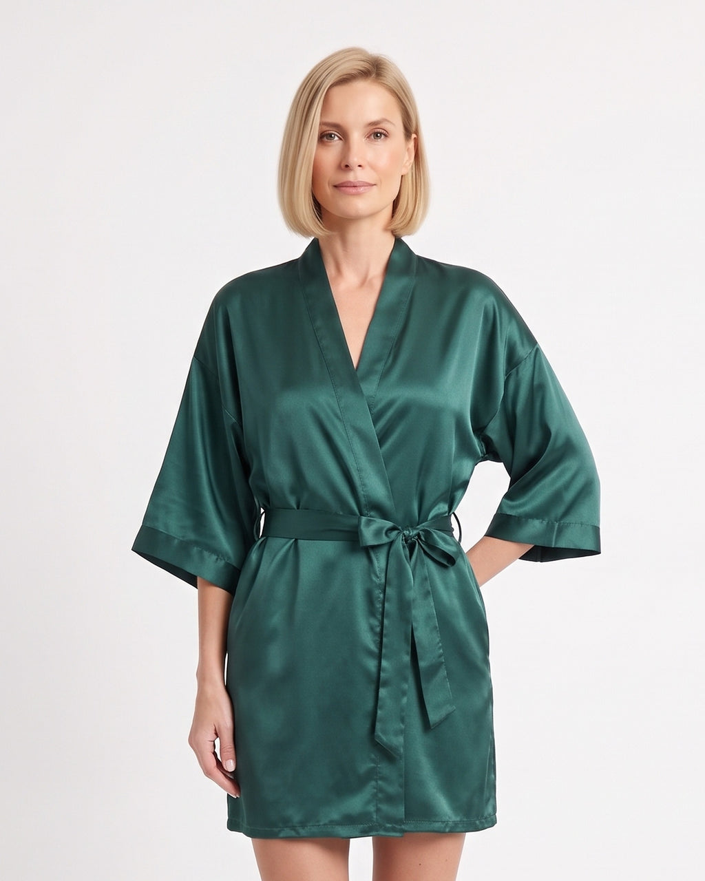 Dark green satin robe with wide sleeves and a tied belt