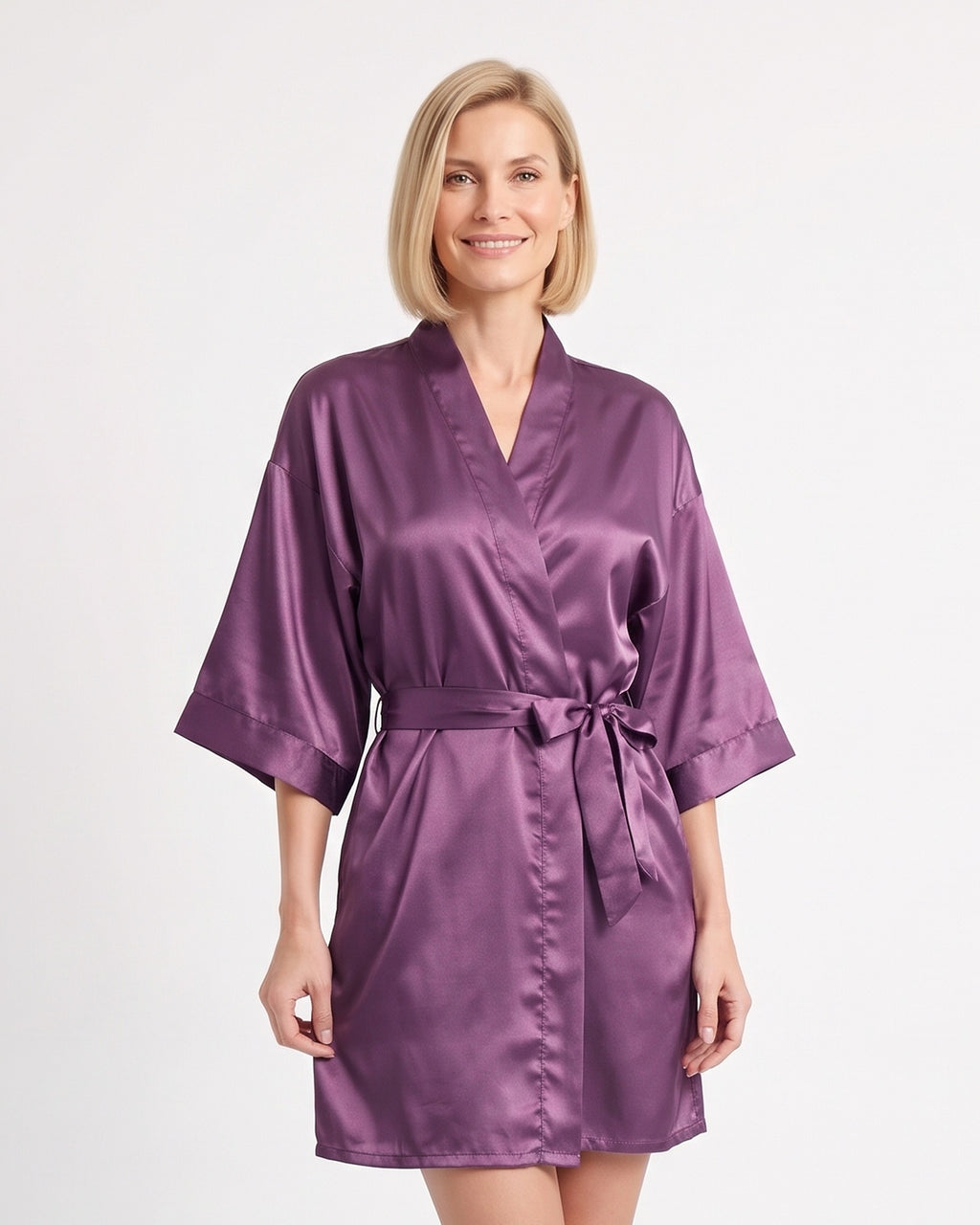 Dark purple satin robe with kimono sleeves and a waist tie