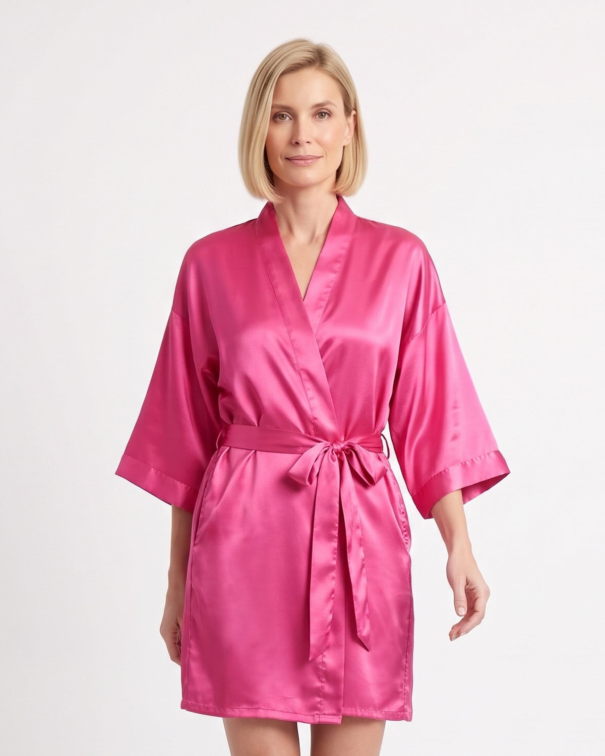Short hot pink satin robe with kimono sleeves and a tie belt