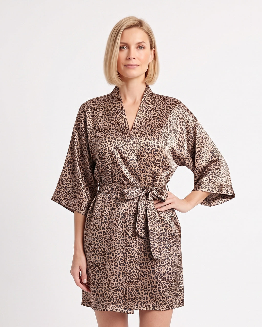Leopard-print satin robe with wide sleeves and a waist tie