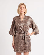 Leopard-print satin robe with wide sleeves and a waist tie