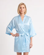 Light blue satin robe with kimono sleeves and a tie belt