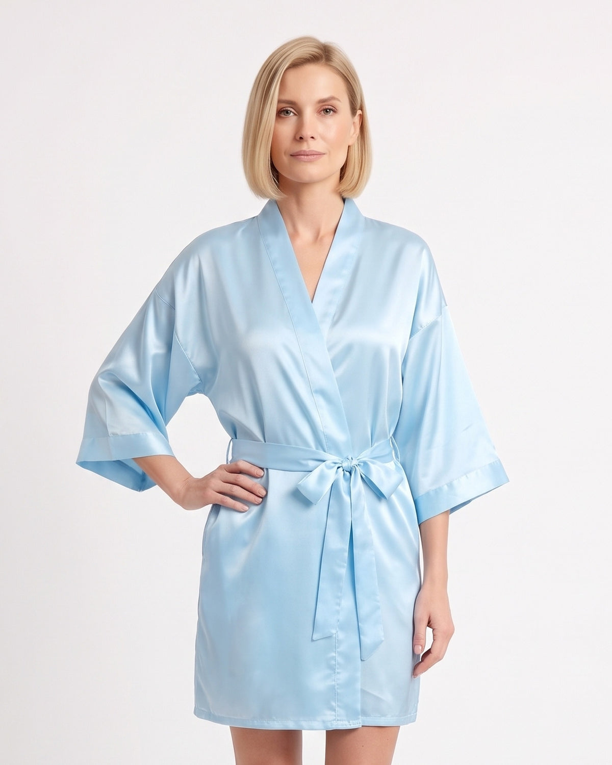 Light blue satin robe with kimono sleeves and a tie belt