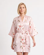 Short light pink floral satin robe with kimono sleeves and a tie belt