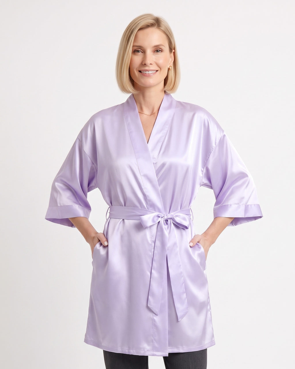 Light purple satin robe with kimono sleeves and tie belt