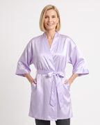Light purple satin robe with kimono sleeves and tie belt